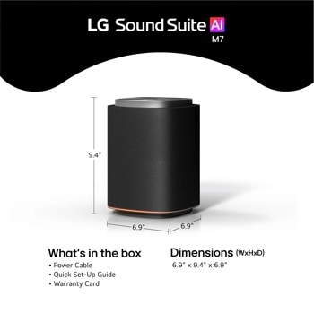 LG M7 speaker, 6.9-inch x 9.4-inch x 6.9-inch dimensions, front view