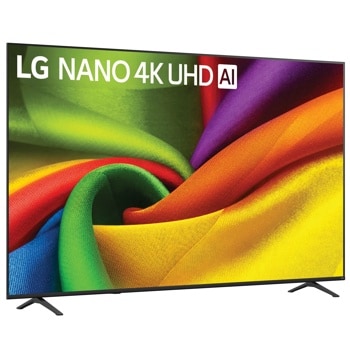 85-Inch LG NANO 4K UHD AI TV 85NU850BPUA displaying vibrant colorful fabric swirl pattern - Side Angle