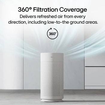 LG AS351GW30 Air Purifier with 360 Filtration Coverage delivering refreshed air from every direction including low-to-the ground areas