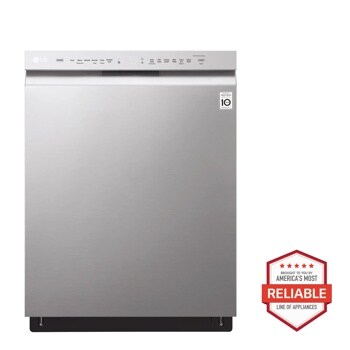 Front view of the Front Control Dishwasher with QuadWash™ and EasyRack™ Plus - LDF5545ST. Includes a graphic logo that says, Brought to you by America’s Most Reliable Line of Appliances.