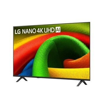 55-Inch LG NANO 4K UHD AI TV 55NU700BPUA displaying vibrant colorful fabric texture on screen - Side Angle