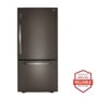 Front view of the 26 cu. ft. Bottom Freezer Refrigerator - LRDCS2603D. Includes a graphic logo that says, Brought to you by America’s Most Reliable Line of Appliances.