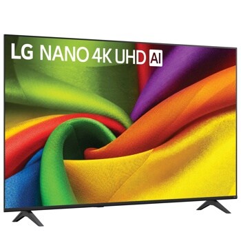 65-Inch LG NANO 4K UHD AI TV 65NU850BAUA displaying vibrant colorful fabric swirl pattern on screen - Side Angle