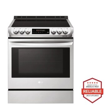 Front view of the 6.3 cu. ft. Smart wi-fi Enabled Induction Slide-in Range with ProBake Convection® and EasyClean® - LSE4616ST. Includes a graphic logo that says, Brought to you by America’s Most Reliable Line of Appliances.
