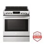 Front view of the 6.3 cu. ft. Smart wi-fi Enabled Induction Slide-in Range with ProBake Convection® and EasyClean® - LSE4616ST. Includes a graphic logo that says, Brought to you by America’s Most Reliable Line of Appliances.