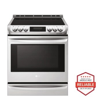 Front view of the 6.3 cu. ft. Smart wi-fi Enabled Induction Slide-in Range with ProBake Convection® and EasyClean® - LSE4617ST. Includes a graphic logo that says, Brought to you by America’s Most Reliable Line of Appliances.
