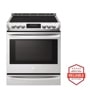 Front view of the 6.3 cu. ft. Smart wi-fi Enabled Induction Slide-in Range with ProBake Convection® and EasyClean® - LSE4617ST. Includes a graphic logo that says, Brought to you by America’s Most Reliable Line of Appliances.