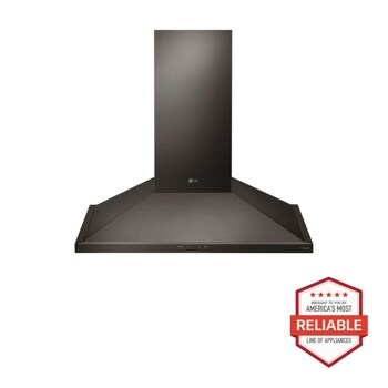 Front view of the 30'' Wall Mount Chimney Hood - HCED3015D. Includes a graphic logo that says, Brought to you by America’s Most Reliable Line of Appliances.