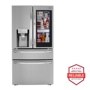 Front view of the 23 cu. ft. Smart wi-fi Enabled InstaView® Door-in-Door® Counter-Depth Refrigerator with Craft Ice™ Maker - LRMVC2306S. Includes a graphic logo that says, Brought to you by America’s Most Reliable Line of Appliances.