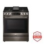 Front view of the 6.3 cu ft. Smart wi-fi Enabled ProBake Convection® InstaView® Gas Slide-In Range with Air Fry - LSGL6335D. Includes a graphic logo that says, Brought to you by America’s Most Reliable Line of Appliances.