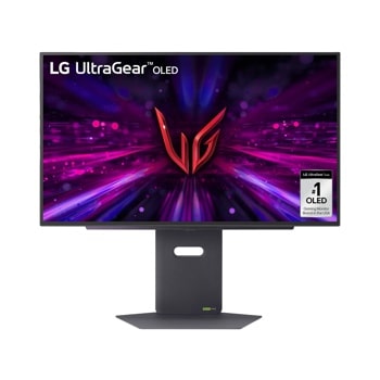 LG 27GX700A-B 27-Inch UltraGear OLED Gaming Monitor displaying vibrant purple and pink graphics with red logo on adjustable stand - Front View