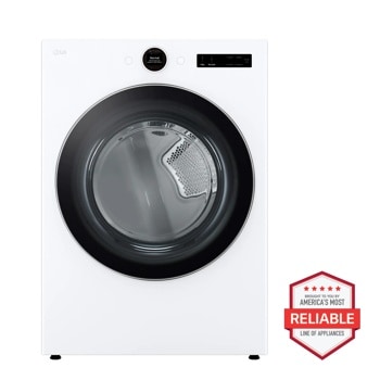LG DLGX6701W Gas Dryer with black door window and digital control panel - Front View with Americas Most Reliable badge