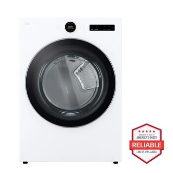 LG DLGX6701W Gas Dryer with black door window and digital control panel - Front View with Americas Most Reliable badge