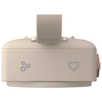 MINI_ANOALWG portable speaker in cream color with textured fabric handle and decorative heart and connectivity icons