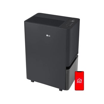 LG DT251BKR0 Dehumidifier with digital display and smartphone showing smart home app icon1