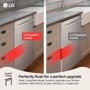 LG LDNPQ555S Top Control Dishwasher infographic comparing FlushFit Install and Standard Install showing flush design integration in kitchen cabinetry with 16 place settings capacity