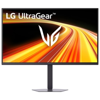 LG 32G620B-B UltraGear Gaming Monitor displaying dynamic orange and yellow light trails with gaming logo on screen - Front View1