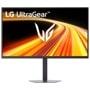 LG 32G620B-B UltraGear Gaming Monitor displaying dynamic orange and yellow light trails with gaming logo on screen - Front View