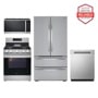 Group shot of an LG Refrigerator, dishwasher, microwave and electric range. “America’s Most Reliable Line of Home Appliances” badge.