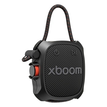 LG xboom ROCK_CNOALBK Portable Speaker with mesh grille, carrying strap, and orange control dial