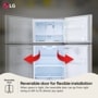 LG LRTLS2403S Refrigerator infographic showing reversible door feature with red arrows indicating door can swing from right to left for flexible installation in tight spaces