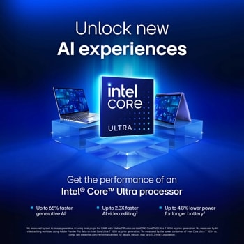 Unlock new Al experiences. Get the performance of an Intel (RM) Core (TM) Ultra processor. Up to 65% faster generative Al*. Up to 2.3X faster Al video editing**. Up to 4.8% lower power for longer battery***. *As measured by text to image generative Al using Intel plugin for GIMP with Stable Diffusion on Intel(RM) Core(TM) Ultra 7 165H vs prior generation. **As measured by Al video editing workload using Adobe Premier Pro Beta on Intel Core Ultra 7 165H vs. prior generation. ***As measured by the power consumed of Intel Core Ultra 7 165H vs. comp. See www.intel.com/PerformanceIndex for details. Results may vary. (C)Intel Corporation.