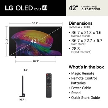 42-Inch LG OLED evo AI 4K TV OLED42C6PUA dimensions and whats in the box including Magic Remote, Remote Control Batteries, Power Cable, Stand, and Quick Start Guide