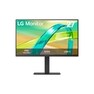 Front view of a monitor displaying a colorful abstract image on a sleek black stand.