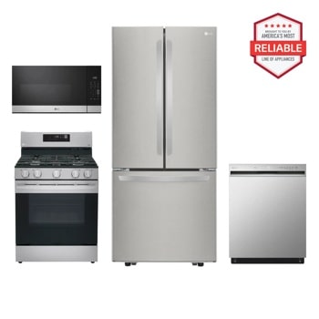 LG Kitchen Package with LFCS22520S French Door Refrigerator, LRGL5821S Gas Range, MVEM1621Y Microwave, LDFN3432T Dishwasher, Brought to you by America's Most Reliable Line of Appliances Front View1