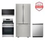 LG Kitchen Package with LFCS22520S French Door Refrigerator, LRGL5821S Gas Range, MVEM1621Y Microwave, LDFN3432T Dishwasher, Brought to you by America's Most Reliable Line of Appliances Front View