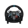 Gaming racing wheel 941000110 with black leather grip, PlayStation logo, blue buttons, and red control knob - Front View