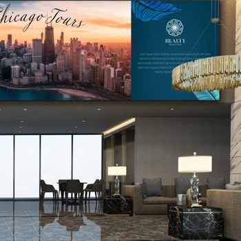 An interior space under images of a gourmet dish, Chicago skyline at sunset, and abstract design with text.

Transcribed Text:

EPIC RESTAURANT
Chicago Tours
HEALTY
INDIGO DESIGN1