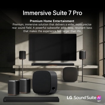 M7-P2_H7_W7 Immersive Suite 7 Pro Soundbar system with subwoofer and rear speakers creating premium home entertainment experience in modern living room