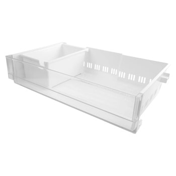 AJP76427705 LG refrigerator crisper drawer with adjustable divider and ventilation slots in clear plastic finish1
