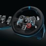 941000110 Racing Wheel with leather-wrapped steering wheel, PlayStation controls, blue accent lighting, and metal pedals