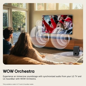 LG S35A Soundbar WOW Orchestra feature showing immersive audio waves from TV and soundbar in living room setting - Only available on select LG TV and LG Soundbar models