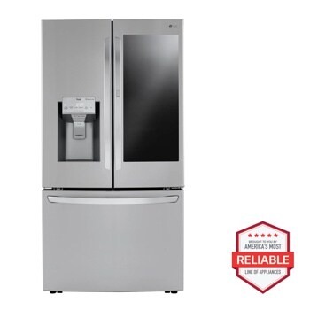 Front view of the 24 cu. ft. Smart InstaView® Door-in-Door® Counter-Depth Refrigerator with Craft Ice™ - LRFVC2406S. Includes a graphic logo that says, Brought to you by America’s Most Reliable Line of Appliances.