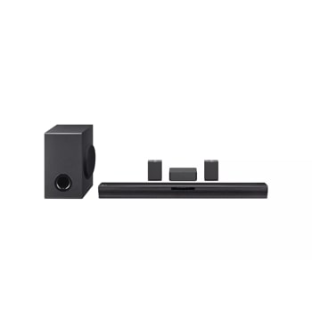 LG SQC4R Soundbar with subwoofer and speakers zoomed in front view