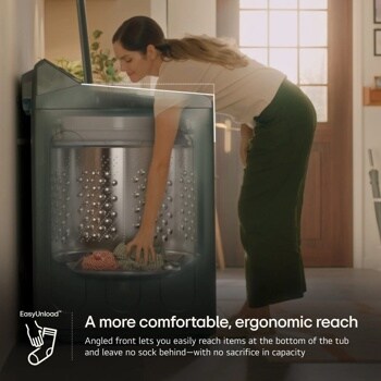 
EasyUnloadTM
A more comfortable, ergonomic reach
Angled front lets you easily reach items at the bottom of the tub and leave no sock behind-with no sacrifice in capacity