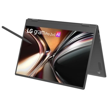 LG Gram 16T95TP-K-AD87U1 2-in-1 Laptop in tent mode with stylus pen and display showing LG gram Pro 2 in 1 AI branding