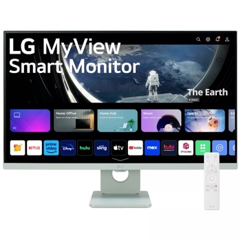 Front view of the 27 Inch LG MyView (27SR50F-G) Green Smart Monitor with 4K UHD resolution and webOS