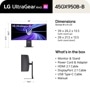LG 45GX950B-B UltraGear evo AI Monitor Dimensions and Box Contents showing 39 x 26.2 x 13.5 inches with stand up and 39 x 21.5 x 13.5 inches with stand down