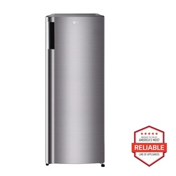 Front view of the 5.8 cu. ft. Single Door Freezer - LROFC0605V. Includes a graphic logo that says, Brought to you by America’s Most Reliable Line of Appliances.
