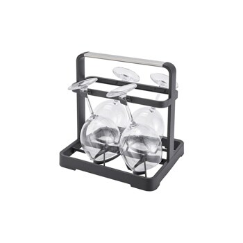 AGM30091511 wine glass holder rack with black metal frame and silver handle holding two stemmed wine glasses upside down