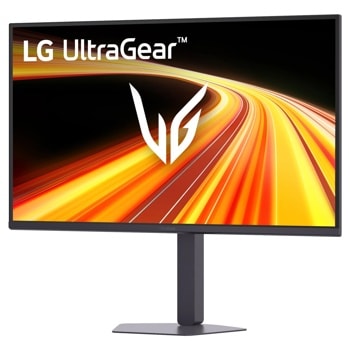 LG 32G620B-B 32-Inch UltraGear Gaming Monitor displaying dynamic orange and yellow light trails with UltraGear logo - Left View
