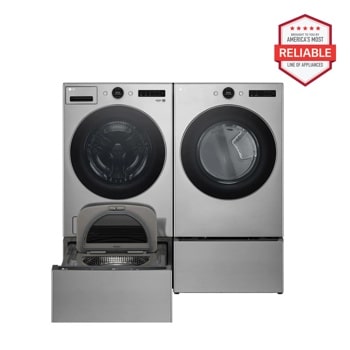 "America's Most Reliable Line of Home Appliances" badge. White Gas LG Front Load washer, dryer and SideKick Pedestal Washer.1