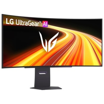 LG 45GX90SB-B UltraGear AI OLED Gaming Monitor with curved screen displaying vibrant graphics - Front View