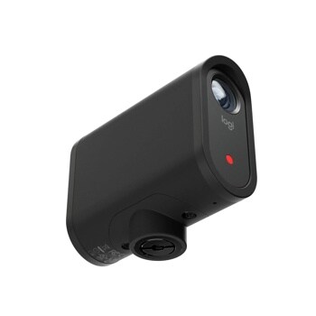 Logitech 961000498 webcam with camera lens, red indicator light, and mounting mechanism - Side Angle