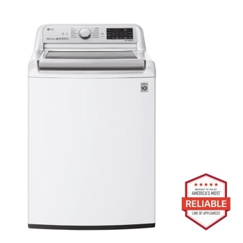 Front view of the 5.5 cu.ft. Smart wi-fi Enabled Top Load Washer with Impeller & TurboWash3D™ Technology - WT7800CW. Includes a graphic logo that says, Brought to you by America's Most Reliable Line of Appliances.
1