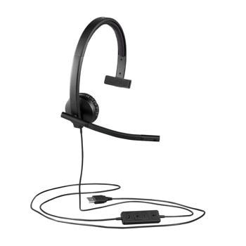 Logitech 981000570 USB mono headset with adjustable microphone boom, padded earpiece, and inline volume controls